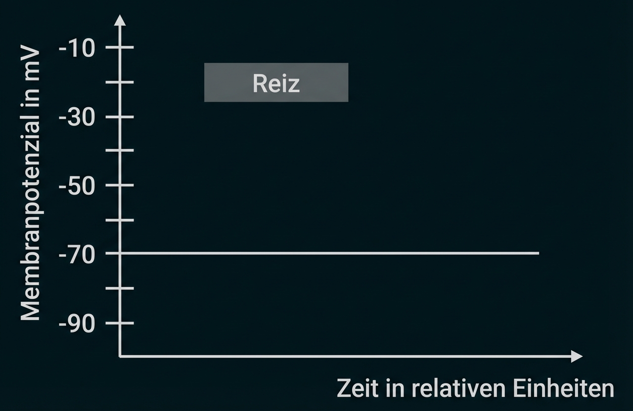 Diagramm: Membranpotenzial in mV gegen Zeit; Ruhepotenzial −70 mV, grauer Balken mit Beschriftung "Reiz" oberhalb.